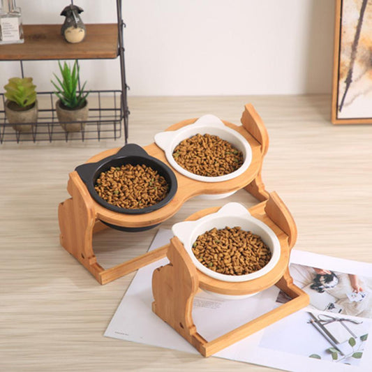 Cat Bowls on Solid Wood Stand