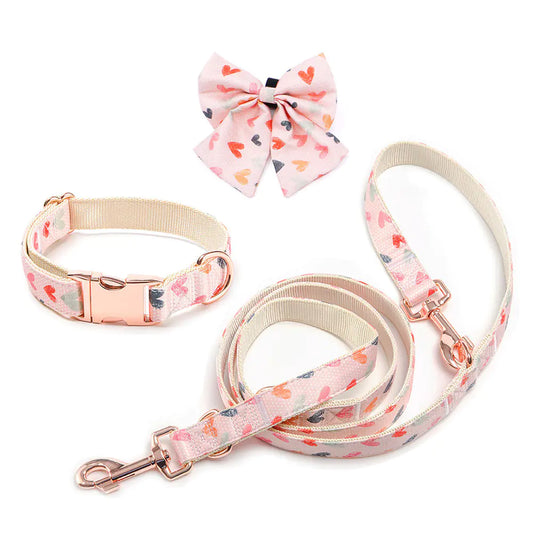 Heart Pattern Collar, Bow and Leash Set