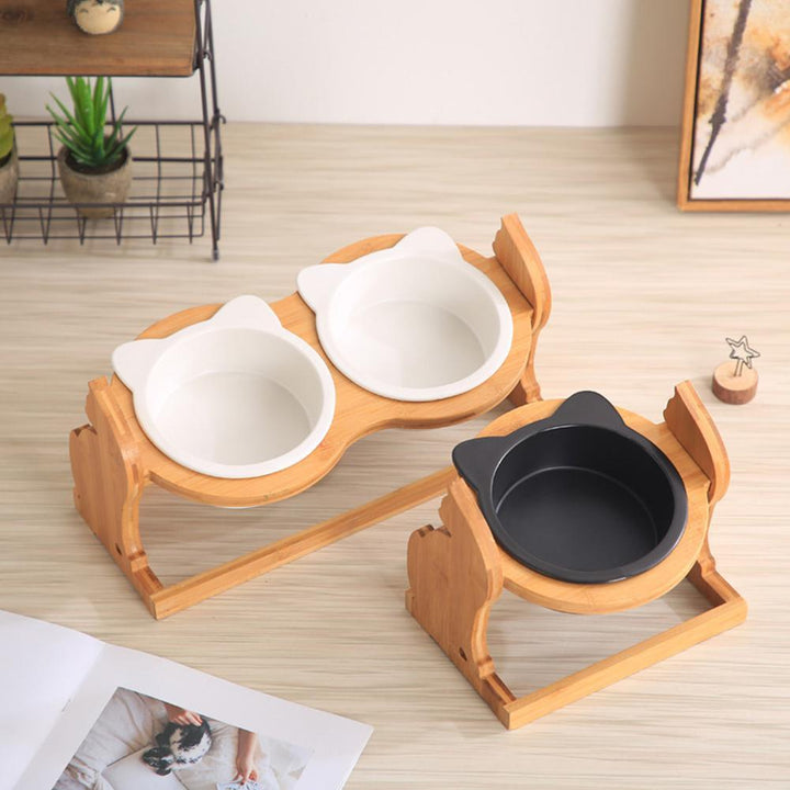 Cat Bowls on Solid Wood Stand