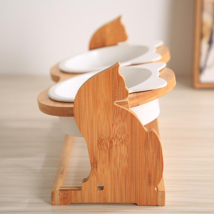 Cat Bowls on Solid Wood Stand