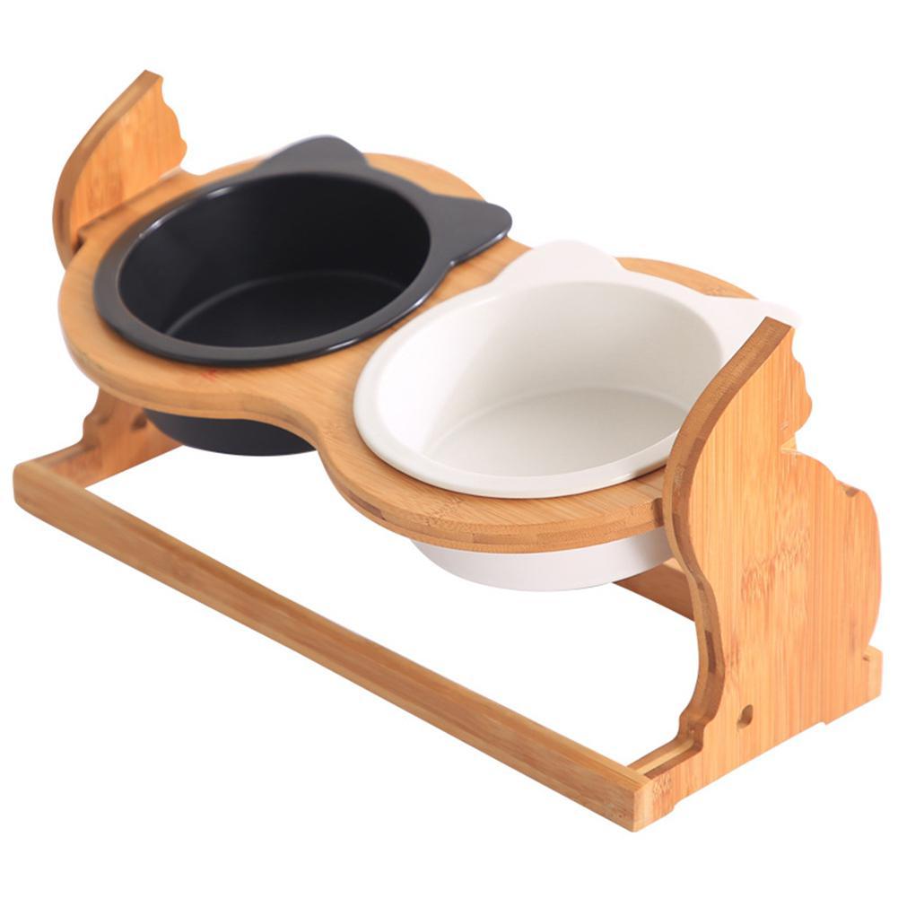Cat Bowls on Solid Wood Stand