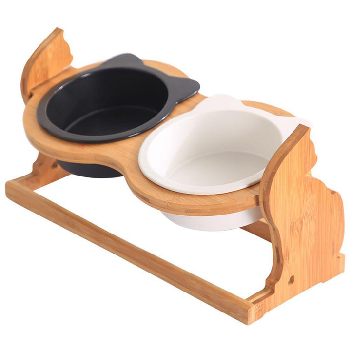 Cat Bowls on Solid Wood Stand