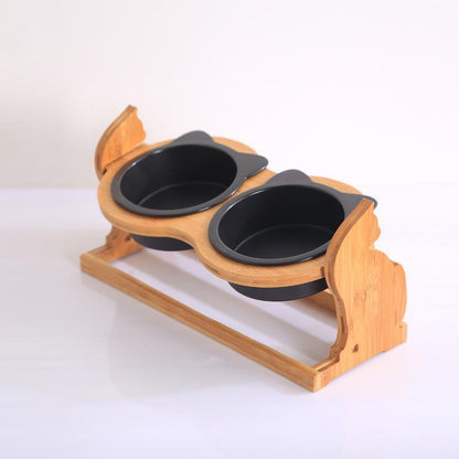 Cat Bowls on Solid Wood Stand
