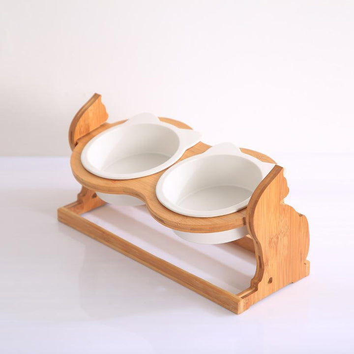 Cat Bowls on Solid Wood Stand