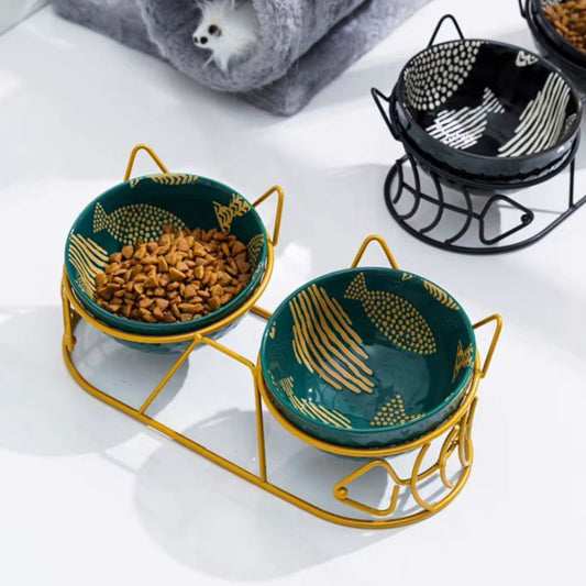 Cute Cat & Fish Duo Bowl with Stand