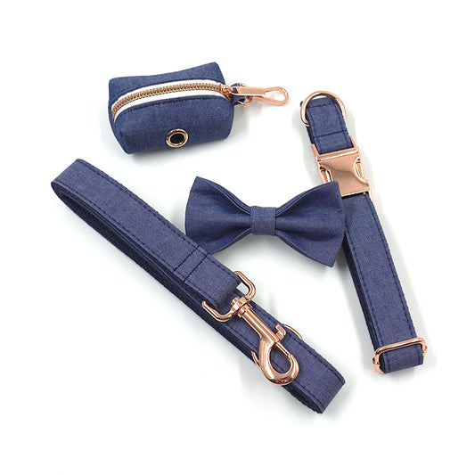 Dark Blue Denim Bow, Collar Leash and Bag