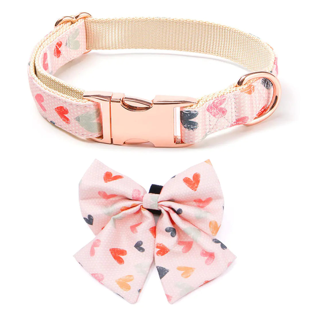 Heart Pattern Collar, Bow and Leash Set