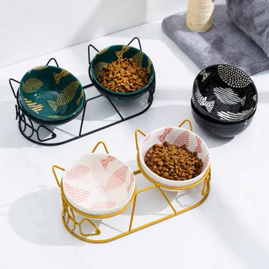 Cute Cat & Fish Duo Bowl with Stand