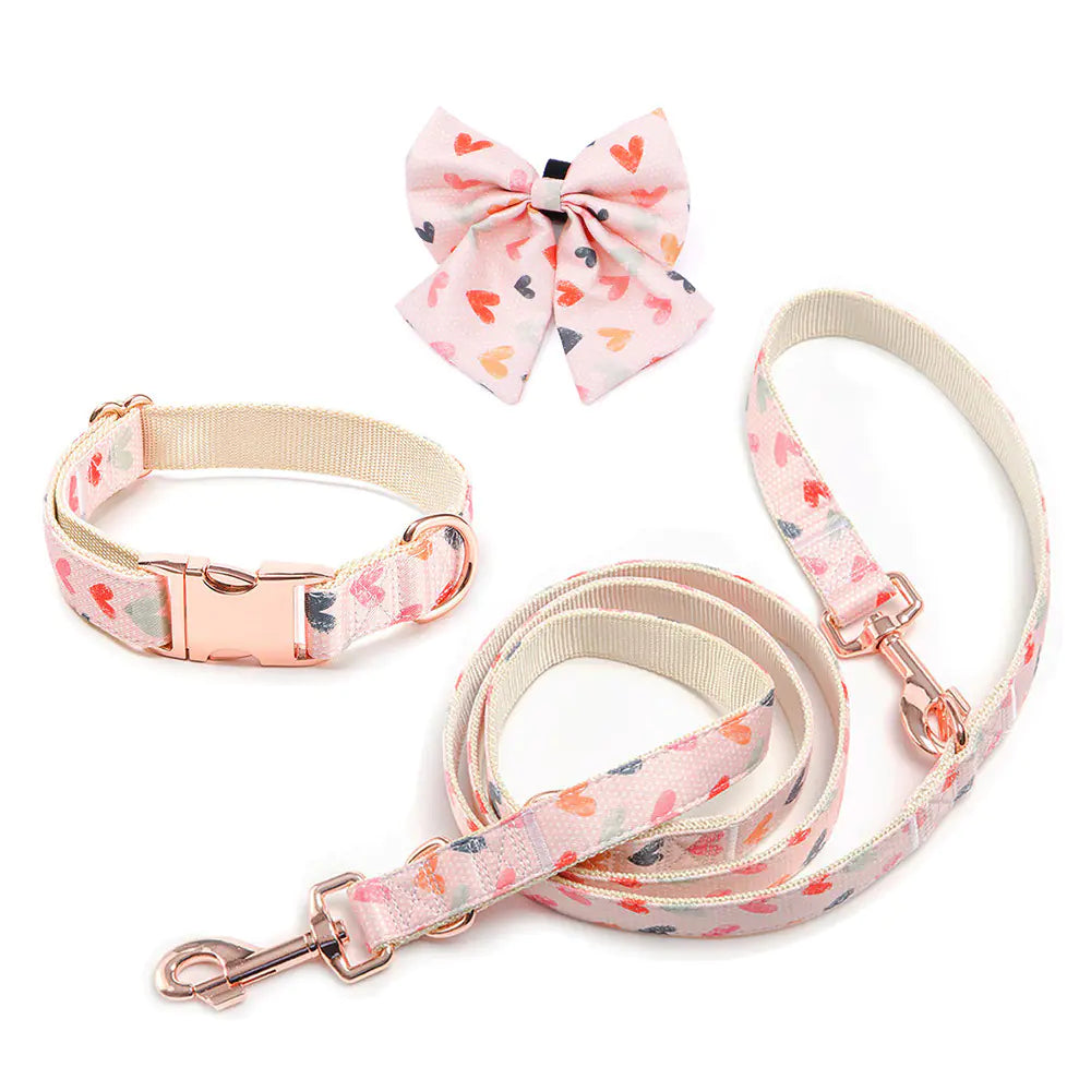 Heart Pattern Collar, Bow and Leash Set